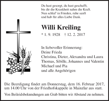 Traueranzeige von Willi Kreiling von  Gießener Anzeiger