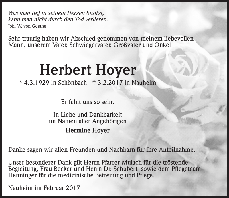  Traueranzeige für Herbert Hoyer vom 25.02.2017 aus Trauerportal Rhein Main Presse