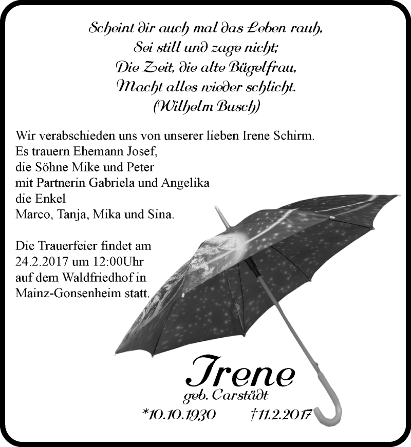  Traueranzeige für Irene Schirm vom 18.02.2017 aus Trauerportal Rhein Main Presse