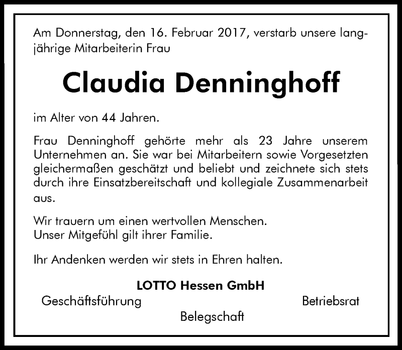  Traueranzeige für Claudia Denninghoff vom 22.02.2017 aus Trauerportal Rhein Main Presse