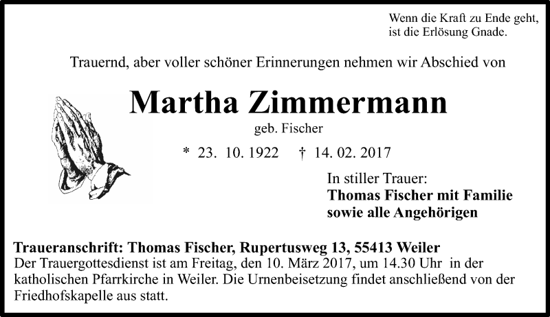  Traueranzeige für Martha Zimmermann vom 21.02.2017 aus Trauerportal Rhein Main Presse