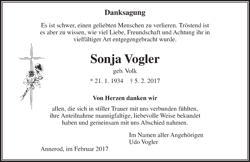  Traueranzeige für Sonja Vogler vom 25.02.2017 aus  Gießener Anzeiger