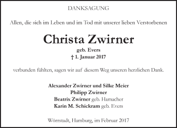 Traueranzeige von Christa Zwirner von Trauerportal Rhein Main Presse