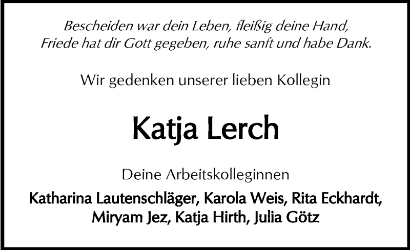  Traueranzeige für Katja Lerch vom 11.02.2017 aus  Kreisanzeiger