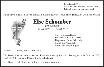 Traueranzeige von Else Schomber von  Gießener Anzeiger