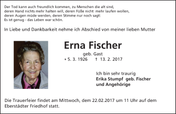 Traueranzeige von Erna Fischer von Trauerportal Echo Online