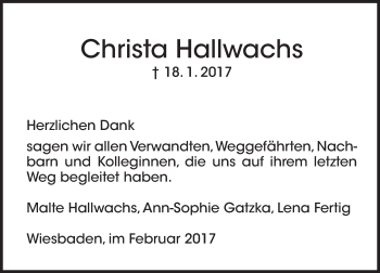 Traueranzeige von Christa Hallwachs von Trauerportal Rhein Main Presse