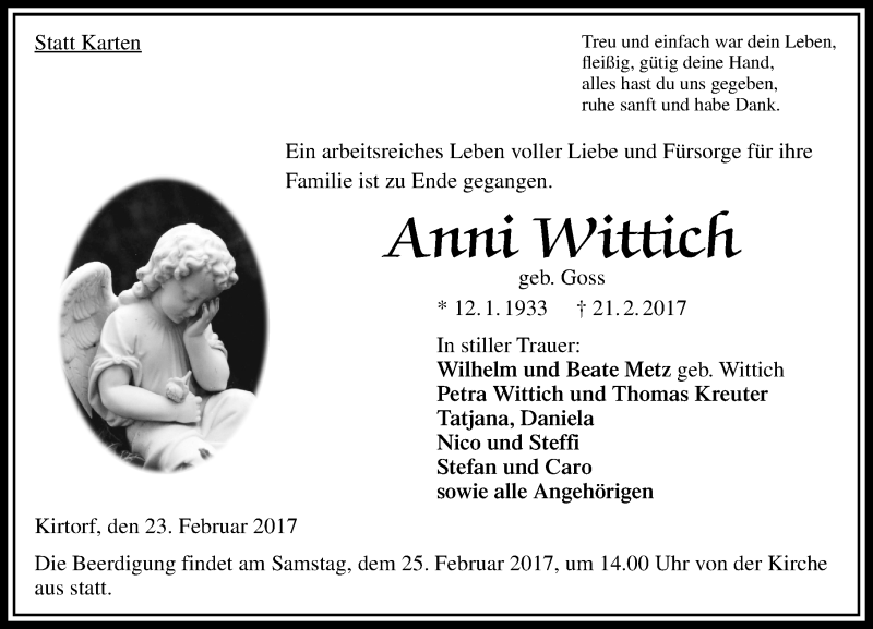  Traueranzeige für Anni Wittich vom 23.02.2017 aus VRM Trauer