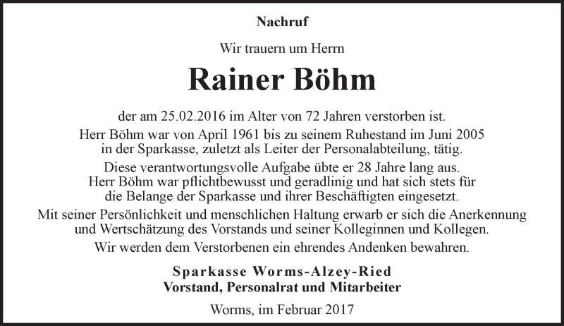  Traueranzeige für Rainer Böhm vom 01.03.2017 aus Trauerportal Rhein Main Presse