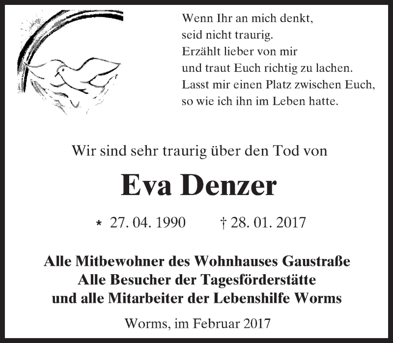  Traueranzeige für Eva Denzer vom 04.02.2017 aus Trauerportal Rhein Main Presse
