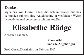 Traueranzeige von Elisabethe Rädge von Trauerportal Rhein Main Presse
