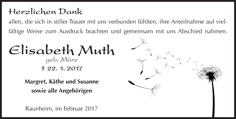  Traueranzeige für Elisabeth Muth vom 25.02.2017 aus Trauerportal Rhein Main Presse
