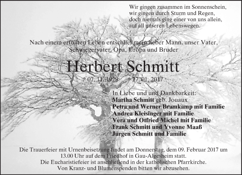  Traueranzeige für Herbert Schmitt vom 04.02.2017 aus Trauerportal Rhein Main Presse