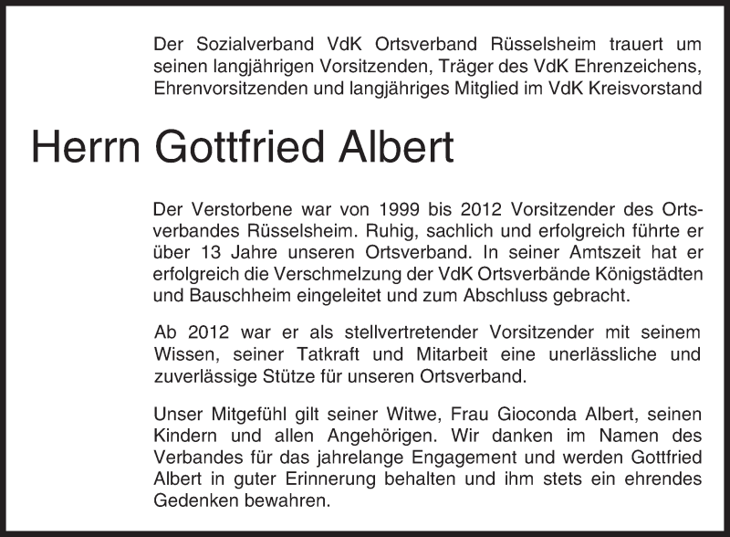  Traueranzeige für Gottfried Albert vom 11.02.2017 aus Trauerportal Rhein Main Presse