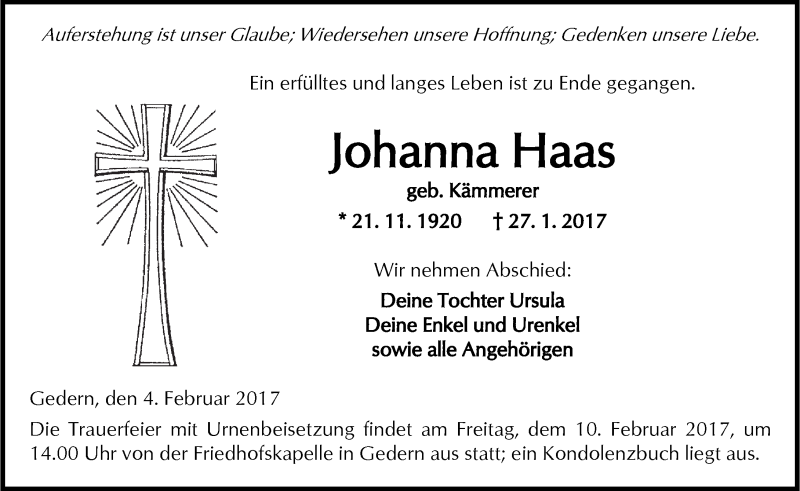 Traueranzeige für Johanna Haas vom 04.02.2017 aus  Kreisanzeiger