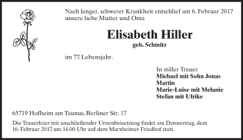 Traueranzeige von Elisabeth Hiller von Trauerportal Rhein Main Presse