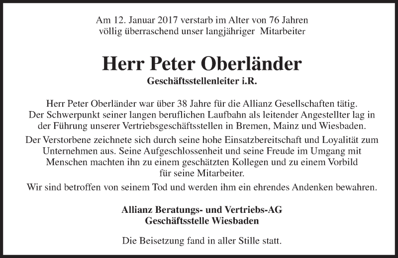  Traueranzeige für Peter Oberländer vom 11.02.2017 aus Trauerportal Rhein Main Presse