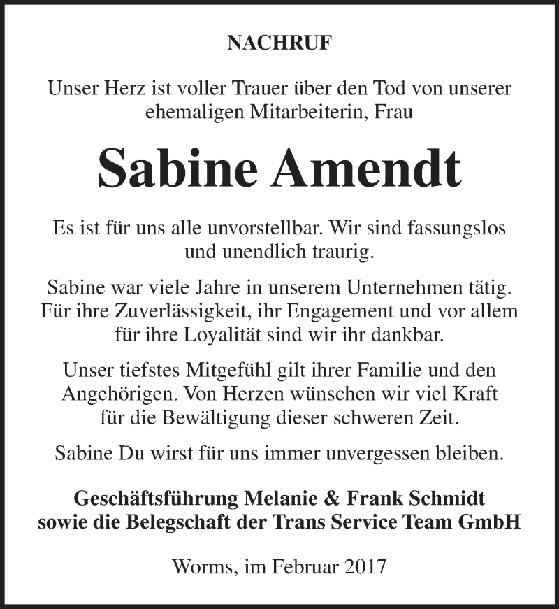  Traueranzeige für Sabine Amendt vom 16.02.2017 aus Trauerportal Rhein Main Presse