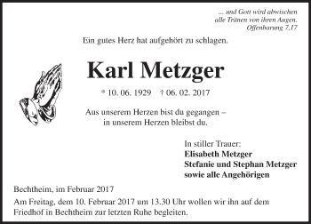 Traueranzeige von Karl Metzger von Trauerportal Rhein Main Presse