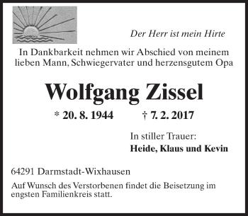 Traueranzeige von Wolfgang Zissel von Trauerportal Echo Online