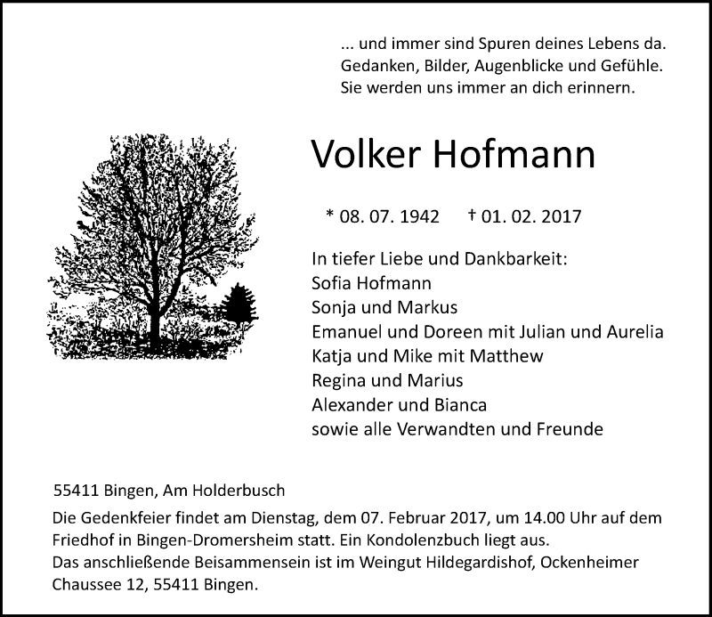  Traueranzeige für Volker Hofmann vom 04.02.2017 aus Trauerportal Rhein Main Presse