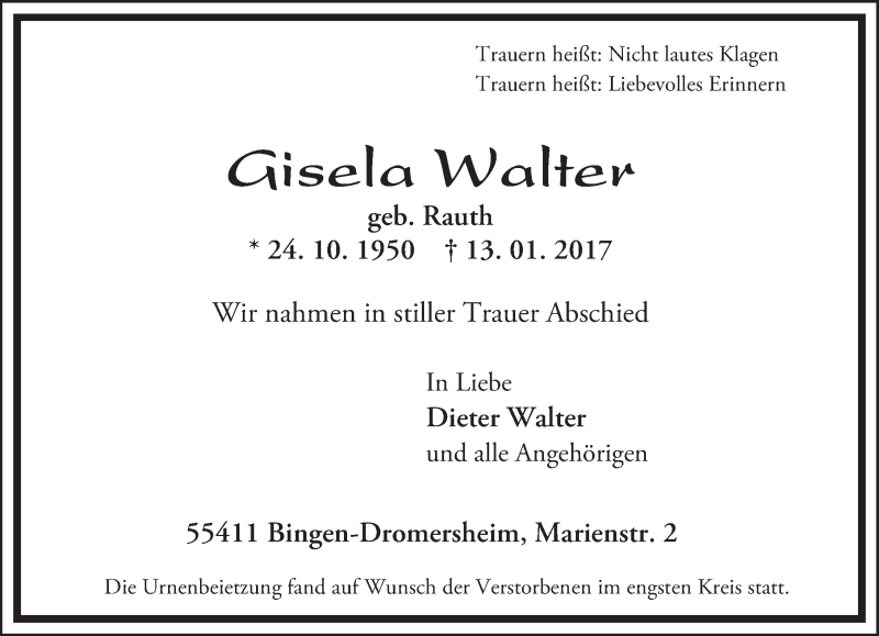  Traueranzeige für Gisela Walter vom 04.02.2017 aus Trauerportal Rhein Main Presse
