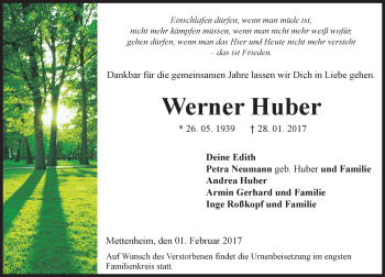 Traueranzeige von Werner Huber von Trauerportal Rhein Main Presse