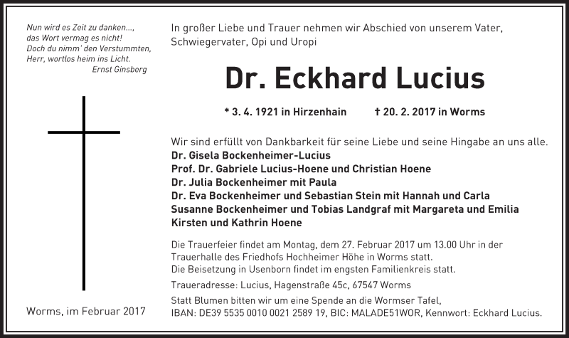  Traueranzeige für Eckhard Lucius vom 23.02.2017 aus Trauerportal Rhein Main Presse