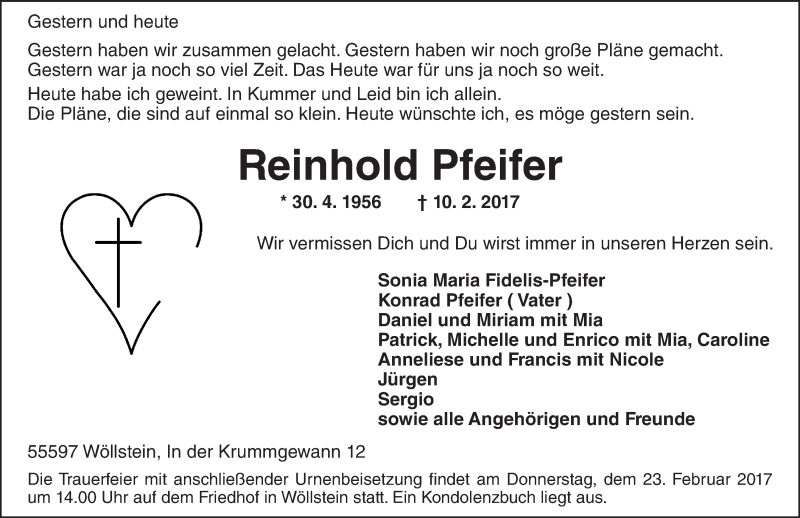  Traueranzeige für Reinhold Pfeifer vom 17.02.2017 aus Trauerportal Rhein Main Presse