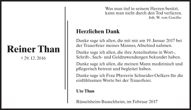 Traueranzeige für Reiner Than vom 18.02.2017 aus Trauerportal Rhein Main Presse
