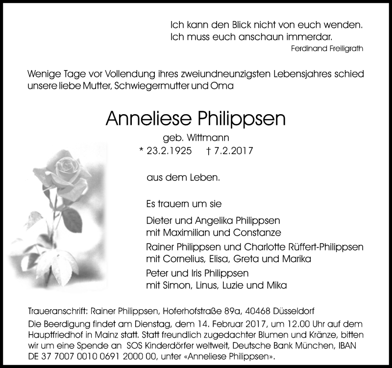  Traueranzeige für Anneliese Philippsen vom 11.02.2017 aus Trauerportal Rhein Main Presse