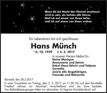 Traueranzeige von Hans Münch von Trauerportal Echo Online