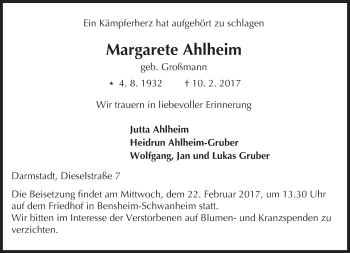 Traueranzeige von Margarete Ahlheim von Trauerportal Echo Online