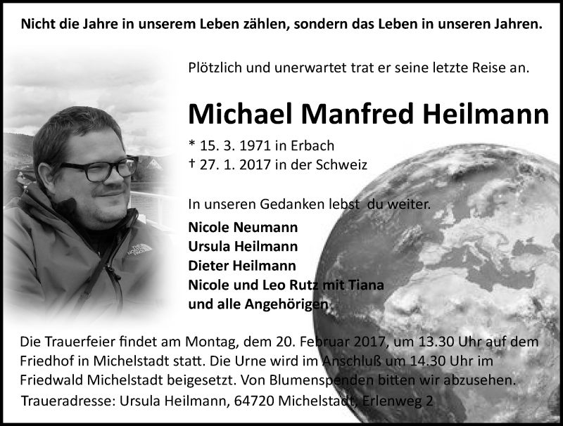  Traueranzeige für Michael Manfred Heilmann vom 15.02.2017 aus Trauerportal Echo Online