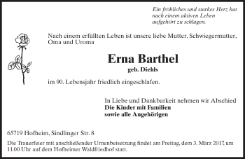 Traueranzeige von Erna Barthel von Trauerportal Rhein Main Presse