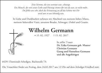 Traueranzeige von Wilhelm Germann von Trauerportal Echo Online