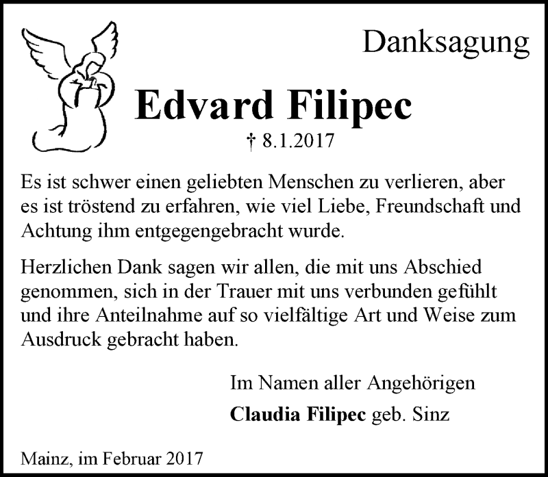  Traueranzeige für Edvard Filipec vom 18.02.2017 aus Trauerportal Rhein Main Presse