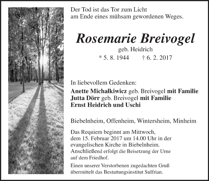  Traueranzeige für Rosemarie Breivogel vom 09.02.2017 aus Trauerportal Rhein Main Presse