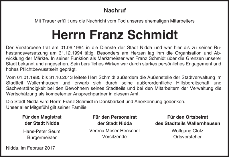  Traueranzeige für Franz Schmidt vom 11.02.2017 aus  Kreisanzeiger