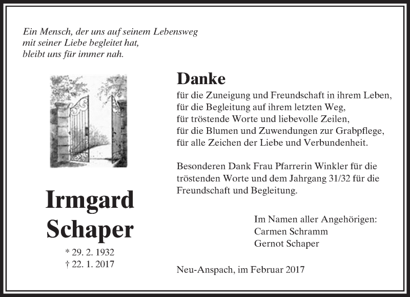  Traueranzeige für Irmgard Schaper vom 11.02.2017 aus  Usinger Anzeiger