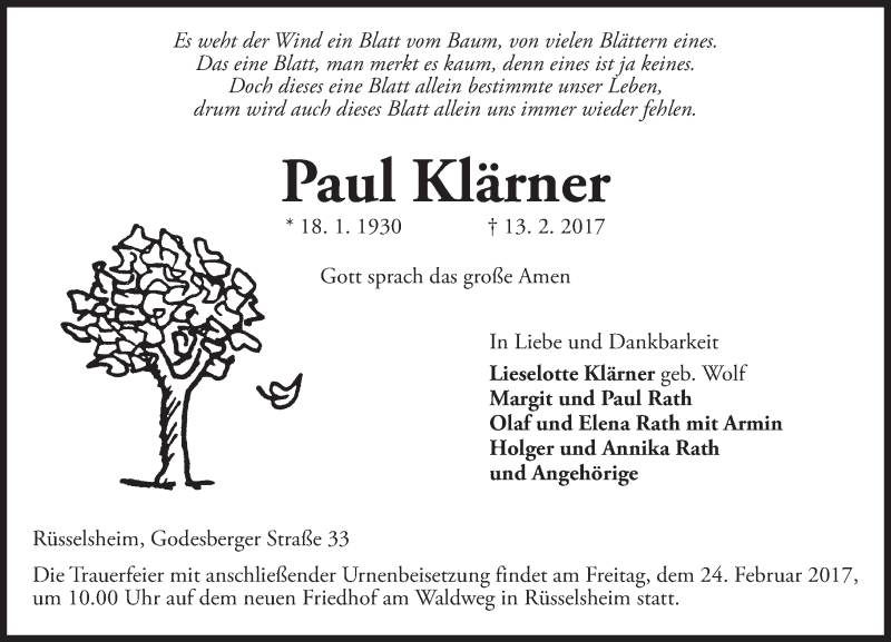  Traueranzeige für Paul Klärner vom 18.02.2017 aus Trauerportal Rhein Main Presse