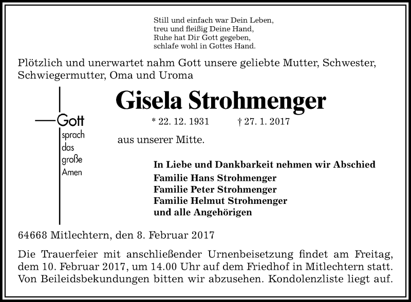  Traueranzeige für Gisela Strohmenger vom 08.02.2017 aus Trauerportal Echo Online