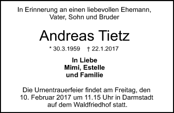 Traueranzeige von Andreas Tietz von Trauerportal Echo Online