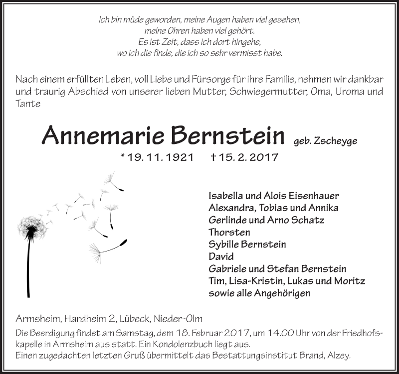  Traueranzeige für Annemarie Bernstein vom 16.02.2017 aus Trauerportal Rhein Main Presse