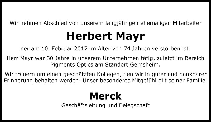  Traueranzeige für Herbert Mayr vom 24.02.2017 aus Trauerportal Echo Online