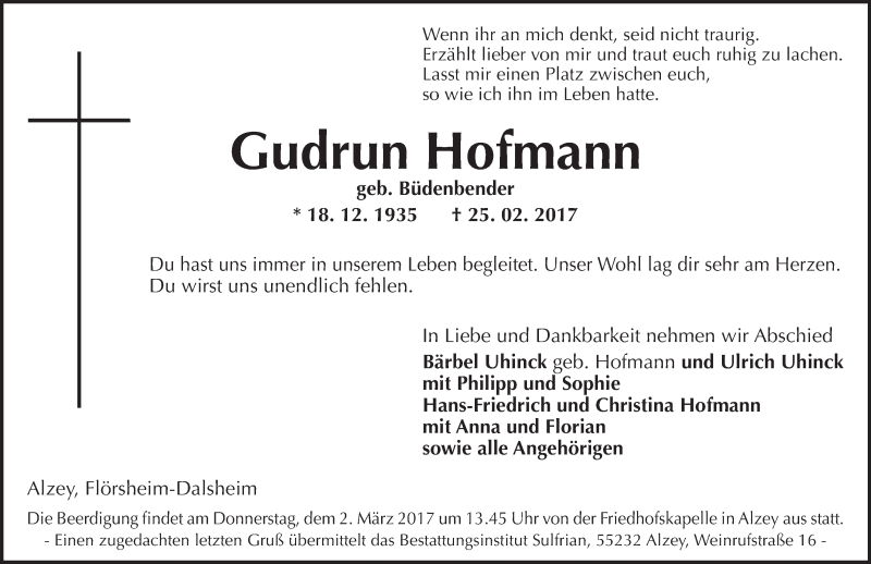  Traueranzeige für Gudrun Hofmann vom 28.02.2017 aus Trauerportal Rhein Main Presse