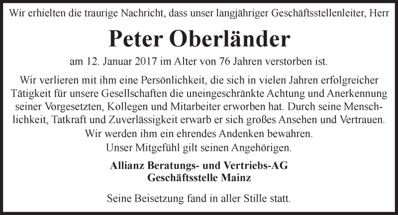  Traueranzeige für Peter Oberländer vom 11.02.2017 aus Trauerportal Rhein Main Presse