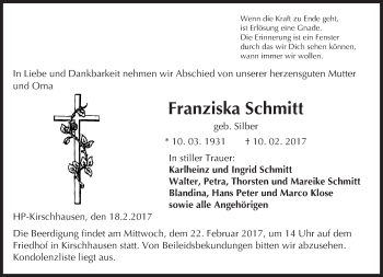 Traueranzeige von Franziska Schmitt von Trauerportal Echo Online