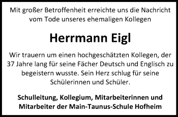 Traueranzeige von Herrmann Eigl von Trauerportal Rhein Main Presse