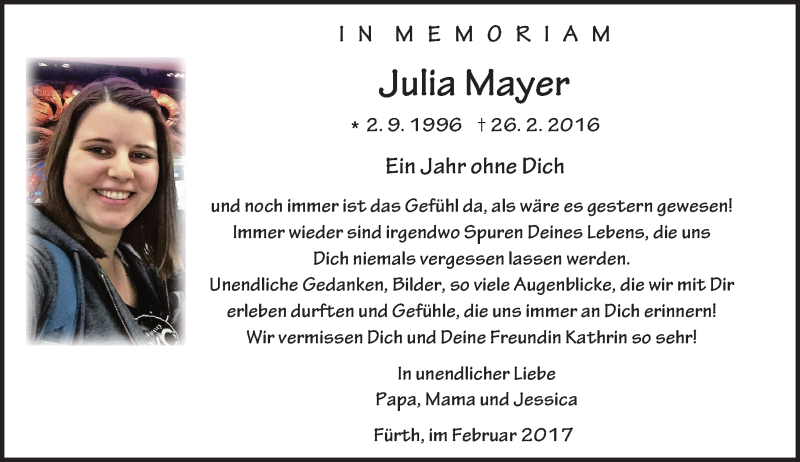  Traueranzeige für Julia Mayer vom 25.02.2017 aus Trauerportal Echo Online